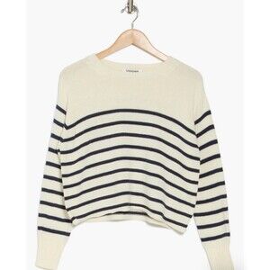NWT Vigoss Stripe Boxy Crop Cotton Blend Sweater Women Cream Navy Crew Neck Sz S